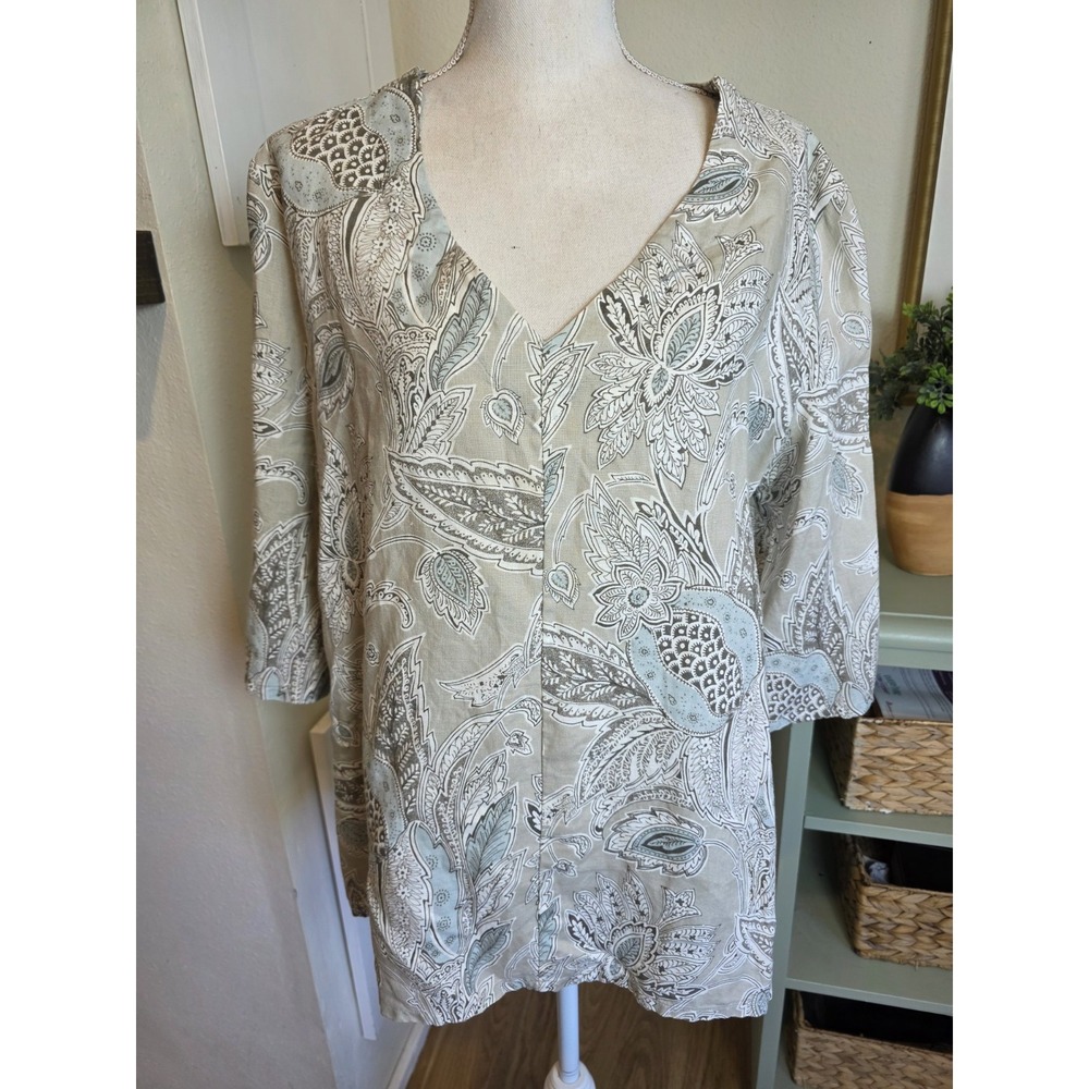 Bryn Walker Medium 100% Linen Tunic 3/4 sleeve Top Paisley Coastal Lagenlook